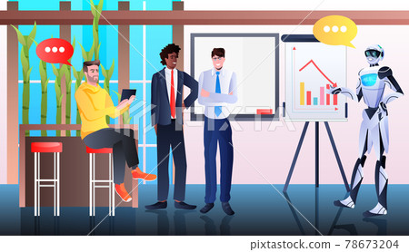 robots with businesspeople analyzing financial statistics data on flip chart artificial intelligence technology concept 78673204