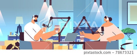 podcasters talking to microphones recording podcast in studio podcasting online radio broadcasting concept 78673321