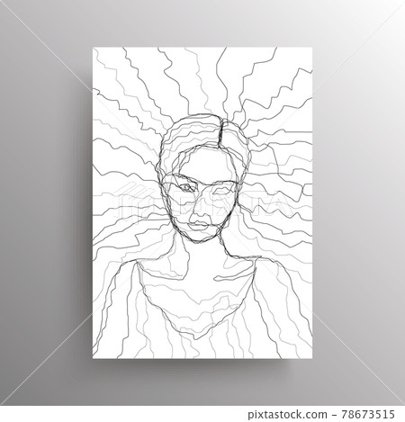 Abstract female face in wavy lines style. Portrait of an Asian woman in linear distortion style isolated on white background. Design for wall decoration, poster. Vector 78673515