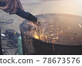 The technical Industry worker welding iron pieces tank at work with a spark flash light 78673576