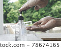 Men hands using alcohol gel clean wash hand sanitizer for healthcare anti corona, virus, Coronavirus bacteria dirty skincare outdoors on green nature background 78674165