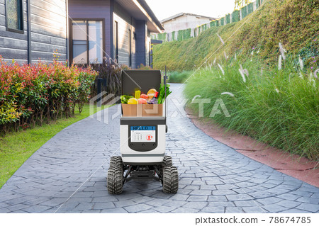 Autonomous robots deliver food to customers, Smart artificial intelligence technology concept 78674785