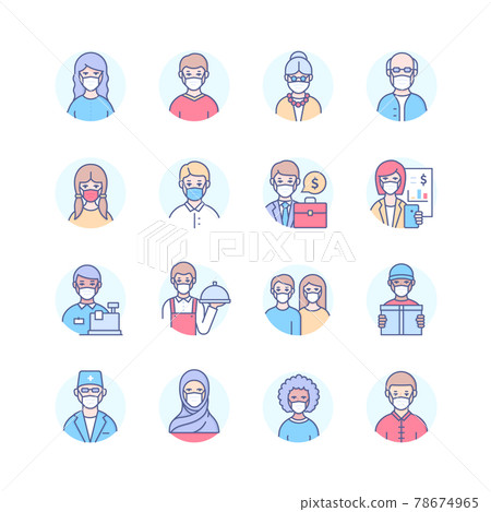 People in face masks - modern line design style icons set People in face masks - modern line design style icons set 78674965