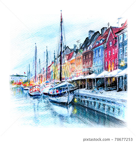 Watercolor pencils sketch of Nyhavn, Copenhagen, Denmark. 78677253