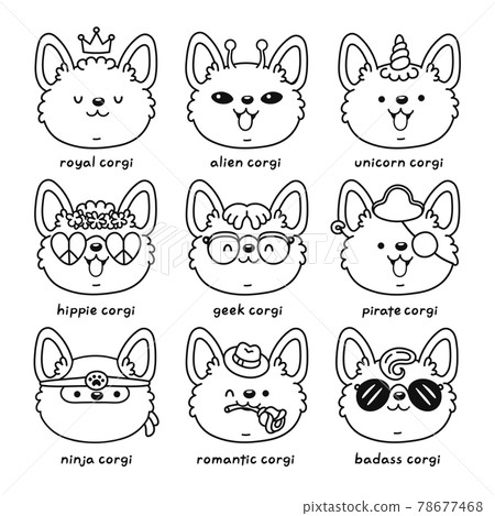 Cute happy corgi dog face set collection. Vector line cartoon kawaii character icon. Hand drawn style illustration. Isolated on white background. Corgi puppy pet bundle for coloring book page concept 78677468