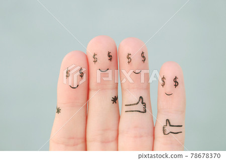 Fingers art of happy family. Concept of man and woman having dollar sign instead of eyes. Fingers art of happy family. Concept of man and woman having dollar sign instead of eyes. 78678370