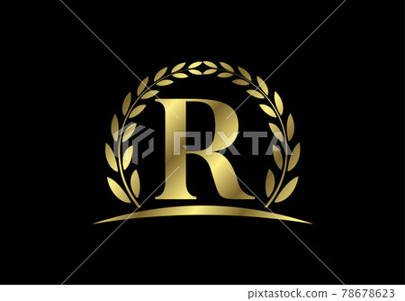 Golden letters R with a golden laurel wreath. English alphabet, vector illustration Golden letters R with a golden laurel wreath. English alphabet, vector illustration 78678623