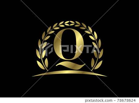Golden letters Q with a golden laurel wreath. English alphabet, vector illustration Golden letters Q with a golden laurel wreath. English alphabet, vector illustration 78678624