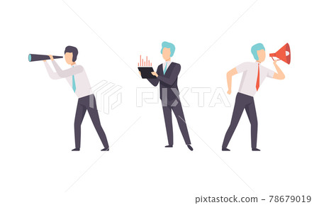Business People Working in Office Set, Office Workers Looking through Spyglass, Announcing into Megaphone Flat Vector Illustration Business People Working in Office Set, Office Workers Looking through Spyglass, Announcing into Megaphone Flat Vector Illustration 78679019