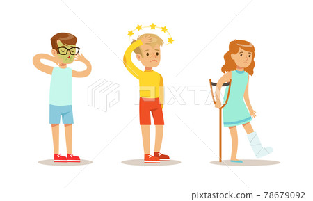 Children Suffering from Different Symptoms Set, Boy and Girl Having Nausea, Dizziness, Bone Fracture Cartoon Vector Illustration 78679092