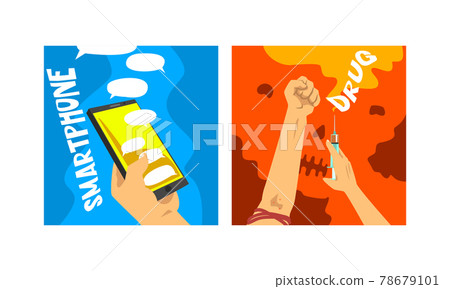 Bad Habits and Addiction Set, Smartphone and Drug Addictions Cartoon Vector Illustration 78679101