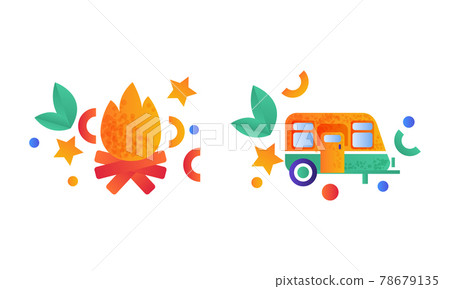 Camping Equipment Set, Burning Bonfire and Travel Trailer Flat Vector Illustration Camping Equipment Set, Burning Bonfire and Travel Trailer Flat Vector Illustration 78679135