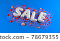 sale bright white glossy letters on a blue abstract background with spheres around. 3d illustration 78679355