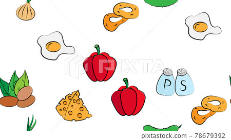 Endless white seamless pattern of delicious food and snack items icons set for restaurant bar cafe: eggs, nuts, pepper and salt, onion, cheese, cucumber, onion rings, pepper. The background 78679392