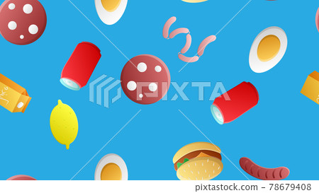 Endless blue seamless pattern of delicious food and snack items icons set for restaurant bar cafe: lemon, egg, soda, burger, juice, salami, sausages. The background 78679408