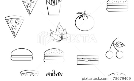 Black and white endless seamless pattern of food and snack items icons set for restaurant bar cafe: fries, burger, pistachios, pizza, sandwich, tomato, cherry. The background Black and white endless seamless pattern of food and snack items icons set for restaurant bar cafe: fries, burger, pistachios, pizza, sandwich, tomato, cherry. The background 78679409