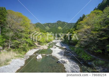 Fresh green Mitake Gorge Suspension bridge over the Tama River Scenery on the upstream side from Kamiji Bridge Fresh green Mitake Gorge Suspension bridge over the Tama River Scenery on the upstream side from Kamiji Bridge 78680234