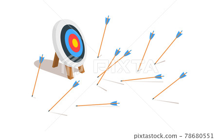 Archery target ring with many missed arrows. Business goal failure symbol. Mistake strategy concept. Vector cartoon illustration 78680551