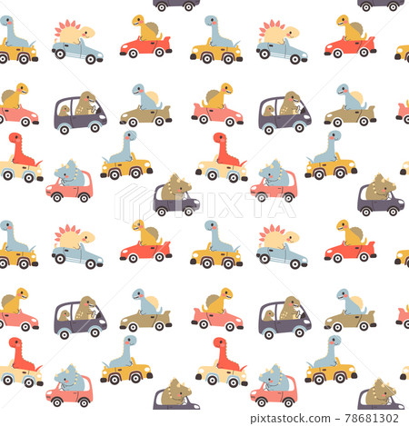 Cute colorful seamless pattern of cartoon dinosaur characters driving automobile Cute colorful seamless pattern of cartoon dinosaur characters driving automobile 78681302