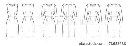 Set of Dresses sheath technical fashion illustration with long elbow short sleeves sleeveless, fitted body, knee length 78682688