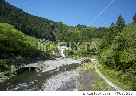Fresh green Mitake Gorge Suspension bridge over the Tama River Scenery upstream from Somanoko Bridge Fresh green Mitake Gorge Suspension bridge over the Tama River Scenery upstream from Somanoko Bridge 78683556