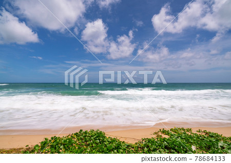 Empty tropical summer beach background Horizon with sky and white sand beach Wave crashing on sandy shore. 78684133