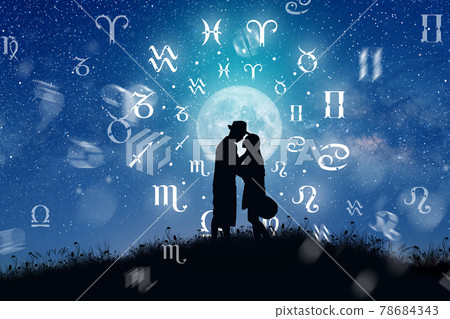 Astrological zodiac signs inside of horoscope circle. Couple singing and dancing over the zodiac wheel and milky way background. The power of the universe concept. 78684343