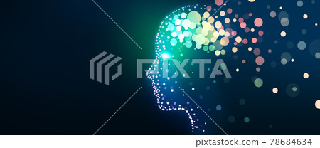 Human head with a luminous brain network. Digital brain, Analysis information, Cyber mind, Deep and Machine learning, Consciousness, Artificial intelligence, Technology background concept. Human head with a luminous brain network. Digital brain, Analysis information, Cyber mind, Deep and Machine learning, Consciousness, Artificial intelligence, Technology background concept. 78684634