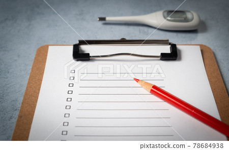 Check sheet, thermometer, red pencil, health management and checklist, questionnaire Check sheet, thermometer, red pencil, health management and checklist, questionnaire 78684938