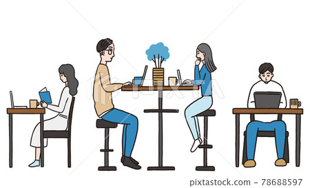 Young men and women working on computers in a cafe 78688597