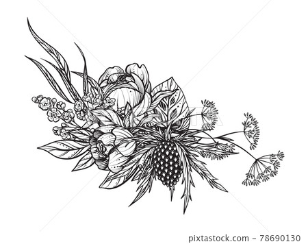 Beautiful vector composition of black and white feverweed, peony flowers, isolated on white background. Beautiful vector composition of black and white feverweed, peony flowers, isolated on white background. 78690130