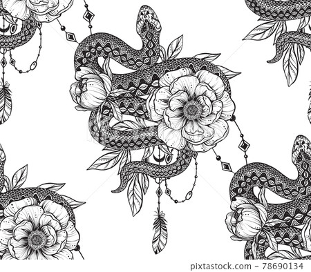 Vector beautiful seamless pattern. Romantic elegant endless background with hand drawn totem snake Vector beautiful seamless pattern. Romantic elegant endless background with hand drawn totem snake 78690134
