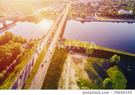Bridge over Sozh river in Gomel, Belarus. Aerial view Bridge over Sozh river in Gomel, Belarus. Aerial view 78690349