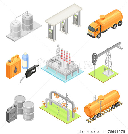 Oil or Petroleum Industry with Extraction Refining and Transporting Process Isometric Vector Set 78691676