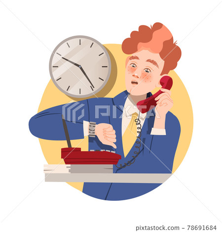 Man Office Worker at Workspace Looking at Watch Speaking by Phone Performing Duty Circle Vector Composition 78691684