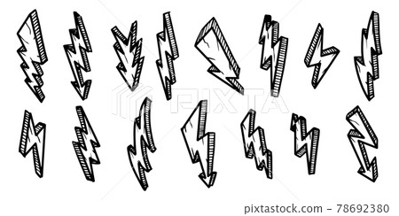 set of hand drawn electric lightning bolt symbol sketch illustrations. thunder symbol doodle icon .design element isolated on white background. vector illustration. 78692380