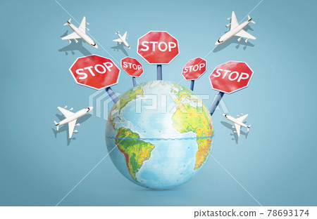 Flight ban and closed borders for tourists and travelers. No-fly zone concept. Airplane in flight with a STOP sign Flight ban and closed borders for tourists and travelers. No-fly zone concept. Airplane in flight with a STOP sign 78693174