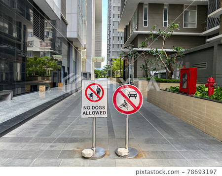 No dog allowed and vehicle parking prohibition sign in walking area No dog allowed and vehicle parking prohibition sign in walking area 78693197