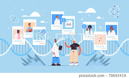 doctor consulting patients DNA testing genetic engineering diagnosis online consultation concept horizontal vector illustration 78693419