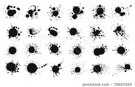 Ink splatter. Grunge liquid paint splashes and stains. Black ink blots, stains, blobs, drops. Abstract messy spatter texture vector set 78693569