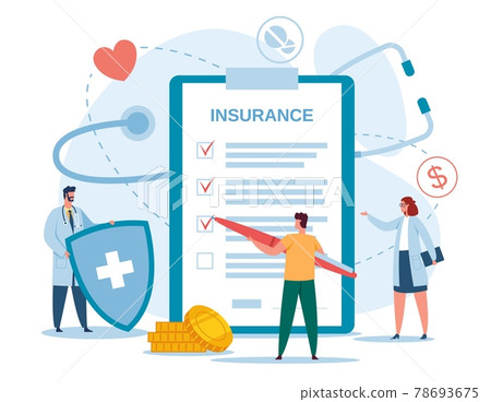 Health insurance. Doctor with shield and patient filling insurance documents. Health protection, medical services, healthcare vector concept 78693675