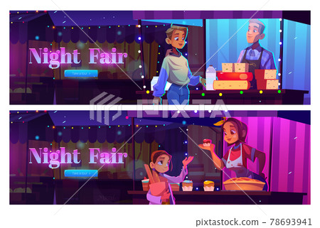 Night fair cartoon web banner, people at market Night fair cartoon web banner, people at market 78693941