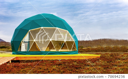 Green geodome tent. Cozy, camping, glamping, holiday, vacation lifestyle concept. 78694236
