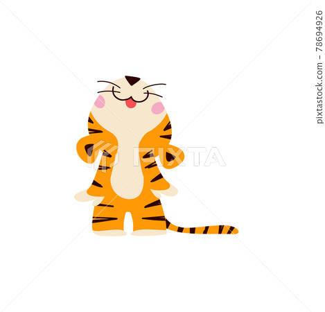 Cute little tiger character looking up and smiling stand isolated on white background. Cute little tiger character looking up and smiling stand isolated on white background. 78694926