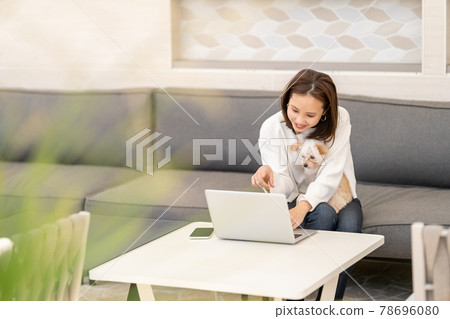 A young woman living with a small dog Telework Worcation A young woman living with a small dog Telework Worcation 78696080