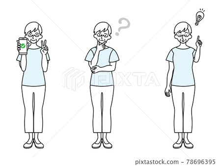 Senior female whole body variation-Peace sign, doubts, ideas come up with a smartphone Senior female whole body variation-Peace sign, doubts, ideas come up with a smartphone 78696395