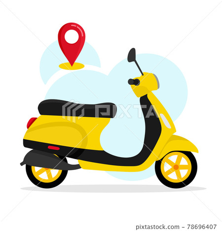 Yellow scooter with a geotag. Online order home delivery service. Vector illustration for websites, mobile apps, banners, and posters. Yellow scooter with a geotag. Online order home delivery service. Vector illustration for websites, mobile apps, banners, and posters. 78696407