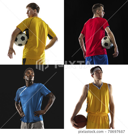 Four soccer footbal players, professional sportsmen posing isolated over black and white background. Four soccer footbal players, professional sportsmen posing isolated over black and white background. 78697687