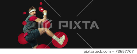 Young funny Caucasian man playing ping pong isolated on black background. Flyer 78697707