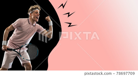 One Caucasian man, professional tennis player isolated on black pink background. Flyer, magazine style One Caucasian man, professional tennis player isolated on black pink background. Flyer, magazine style 78697709